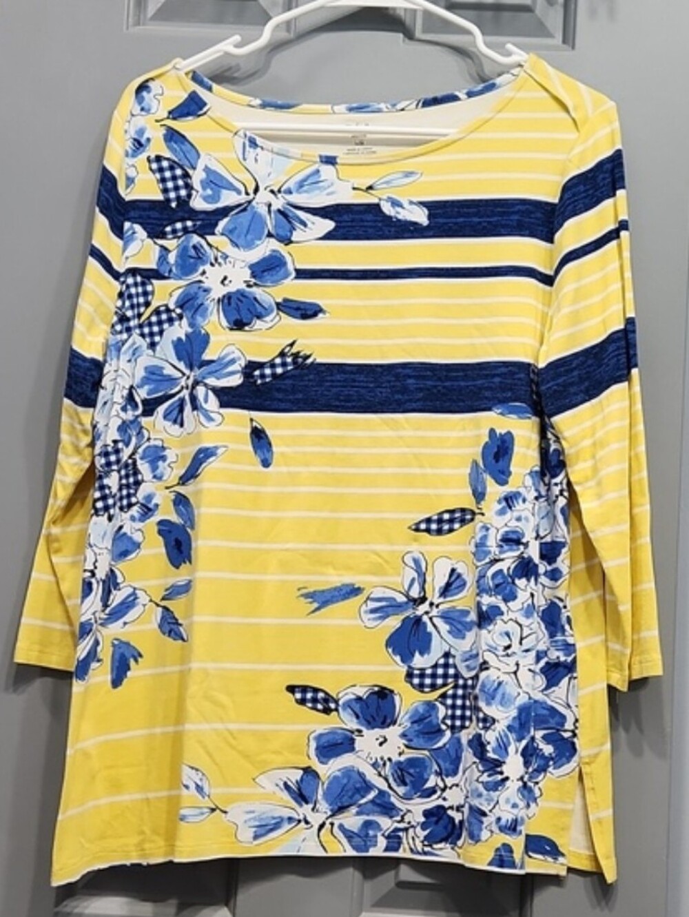 Rafaella Yellow White Blue Stripe Flower Gingham Check Top large